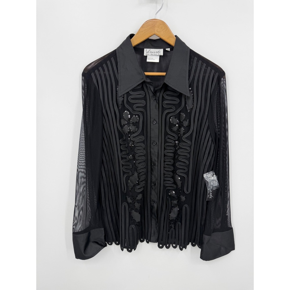 Vincente V922J-18 Blouse Women XL Black Sheer Mesh Soutache Sequin Embroidered